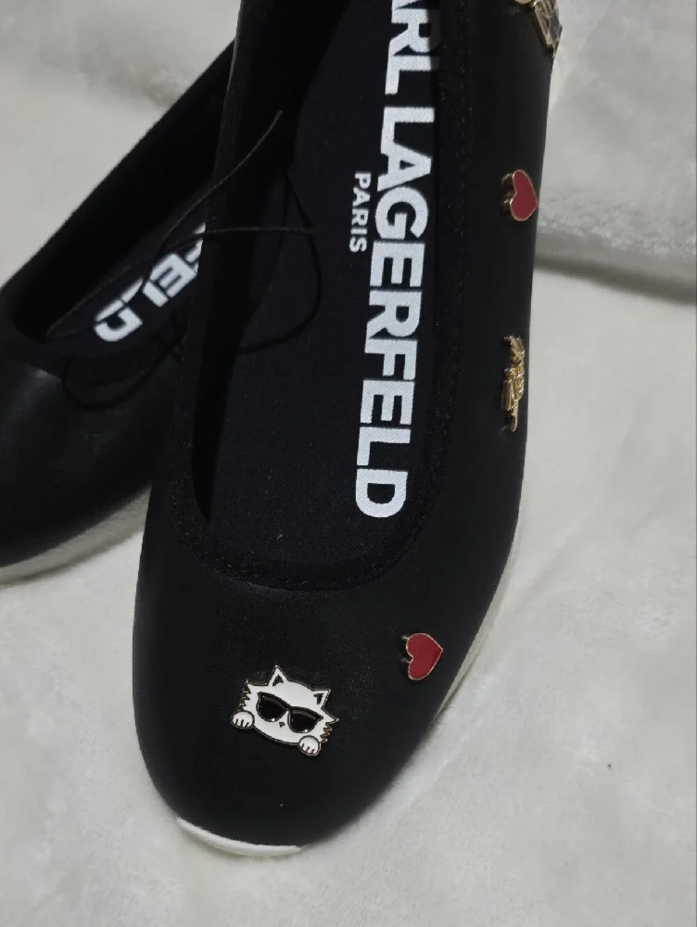 Karl Lagerfeld Black Ballet Flats with White Sole and Cat Charms